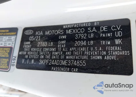 2021 Kia Forte Lxs from USA, damaged, VIN 3KPF24AD3ME374855